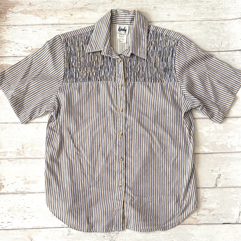 Women’s M Vintage 90s Tapestry Brand Short Sleeve Button Up Shirt Stripes Medium